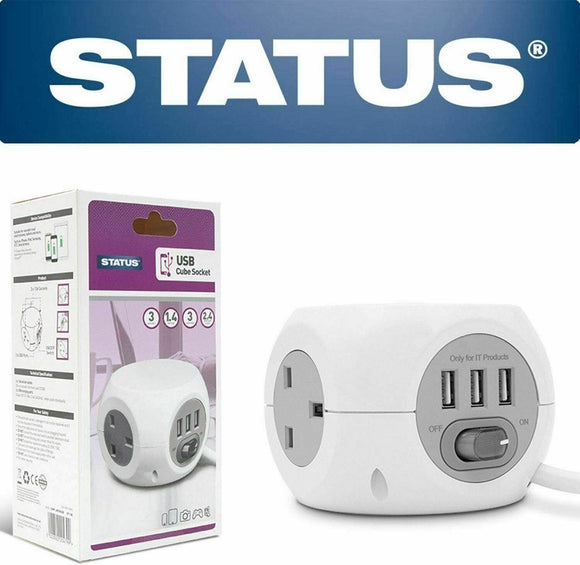 3 Way 1.4MTR Wht  Cube Socket c/w 3 USB Box S3W1.4M3XUSB1PK