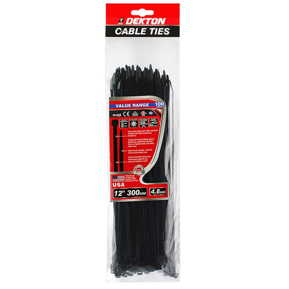 DEKTON 100 PCS 4.8MM X 300MM BLACK CABLE TIES - 70436