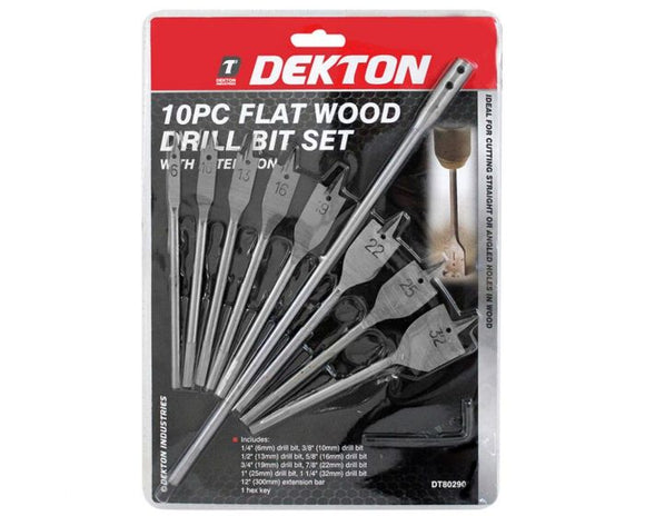 Dekton 10pc Flat Wood Drill Bits 6-10-13-16-20-22-25-and 32 - 80290