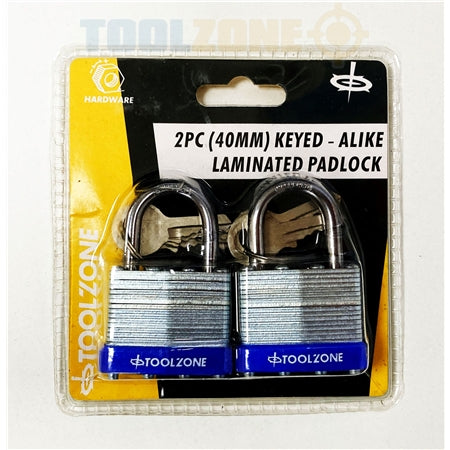 Toolzone 2Pc 40Mm Laminated Padlock Key Al LK062