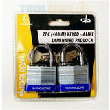 Toolzone 2Pc 40Mm Laminated Padlock Key Al LK062