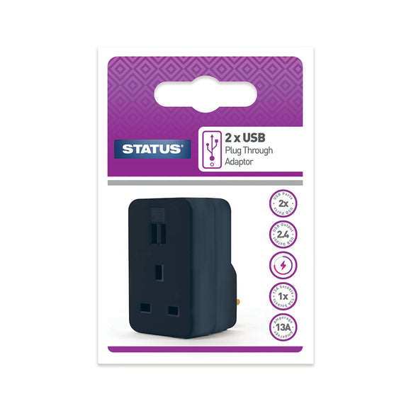 Status 2 x USB Charging Port Power Adaptor - Black - Status Plug Through  2400mA 1 pk Box-S2USBPTABL1PK3