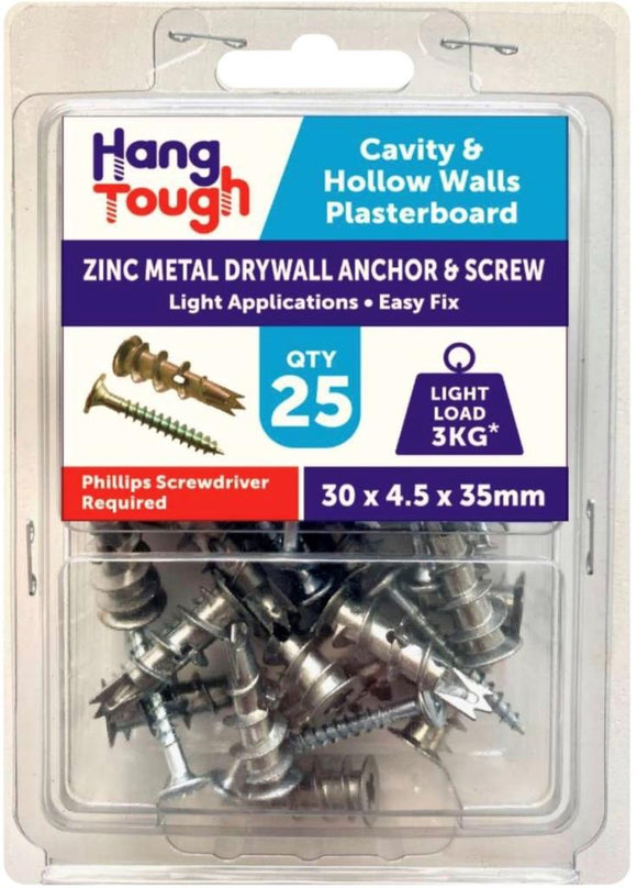 Hang Tough Zinc D/Wall Anchor 3 Point +Screw 30mm 4.5x35mm - 8509
