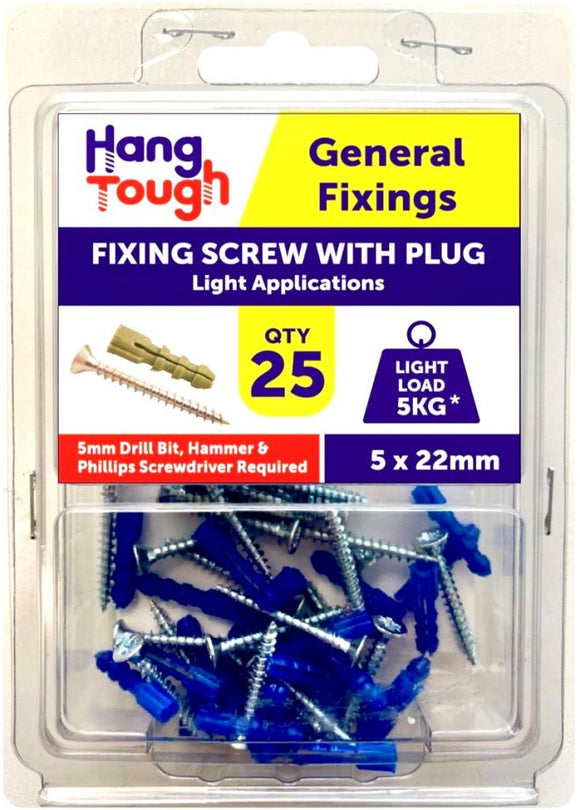 Hang Tough Fixing Plugs Blue With Screw 5 x 22mm - 8519
