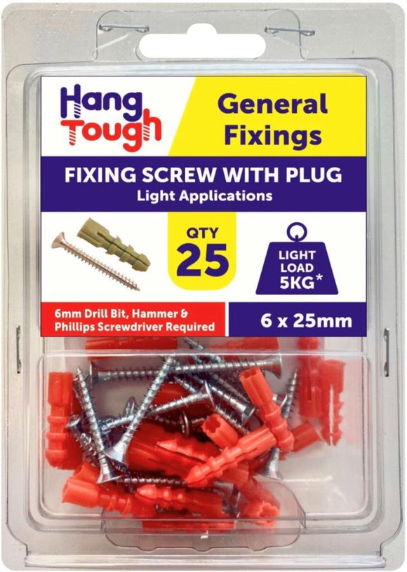 Hang Tough Fixing Plugs Red With Screw 6 x 25mm - 8520