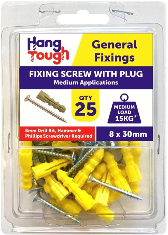 Hang Tough Fixing Plugs Yellow With Screw 8 x 30mm - 8522