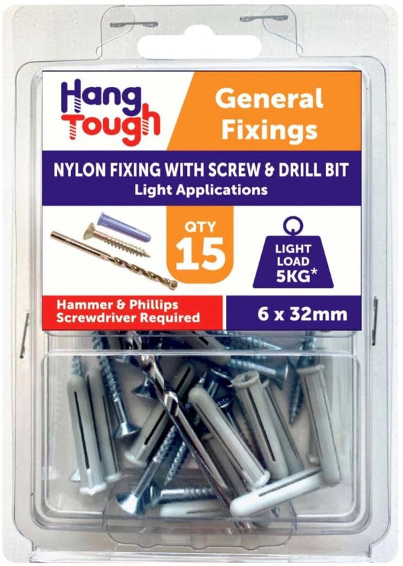 Hang Tough Fixing Plugs With Screw & Drill Bit 6 x 32mm - 8525