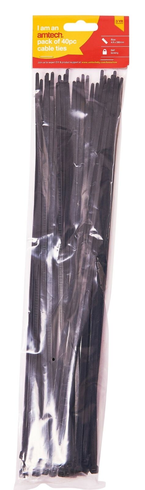 Am-Tech 40pc Cable Ties Black 4.8x380mm - S0690