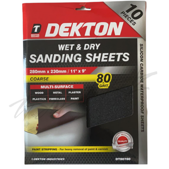 Dekton 10pc Wet& Dry Sanding Sheets 280x230mm Coarse 80 G